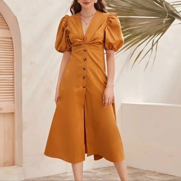 puffy orange dress Orange Puff Sleeve Dress